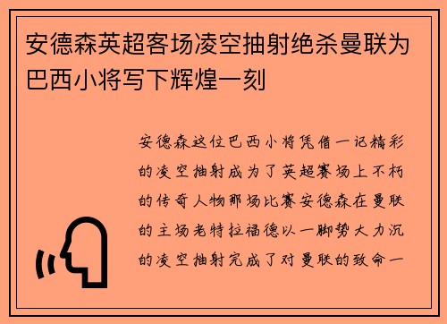 安德森英超客场凌空抽射绝杀曼联为巴西小将写下辉煌一刻 安德森英超客场凌空抽射绝杀曼联为巴西小将写下辉煌一刻